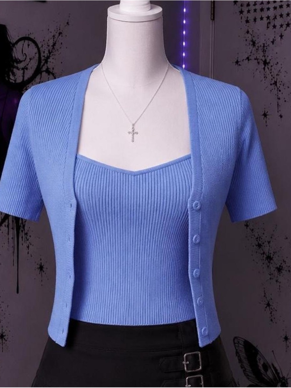 Ribbed Knit Two-Piece Crop Top & Cardigan Set in Periwinkle Blue